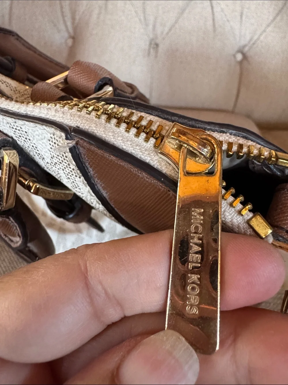 Michael Kors Brown & Beige Signature Dome Satchel with Gold Hardware